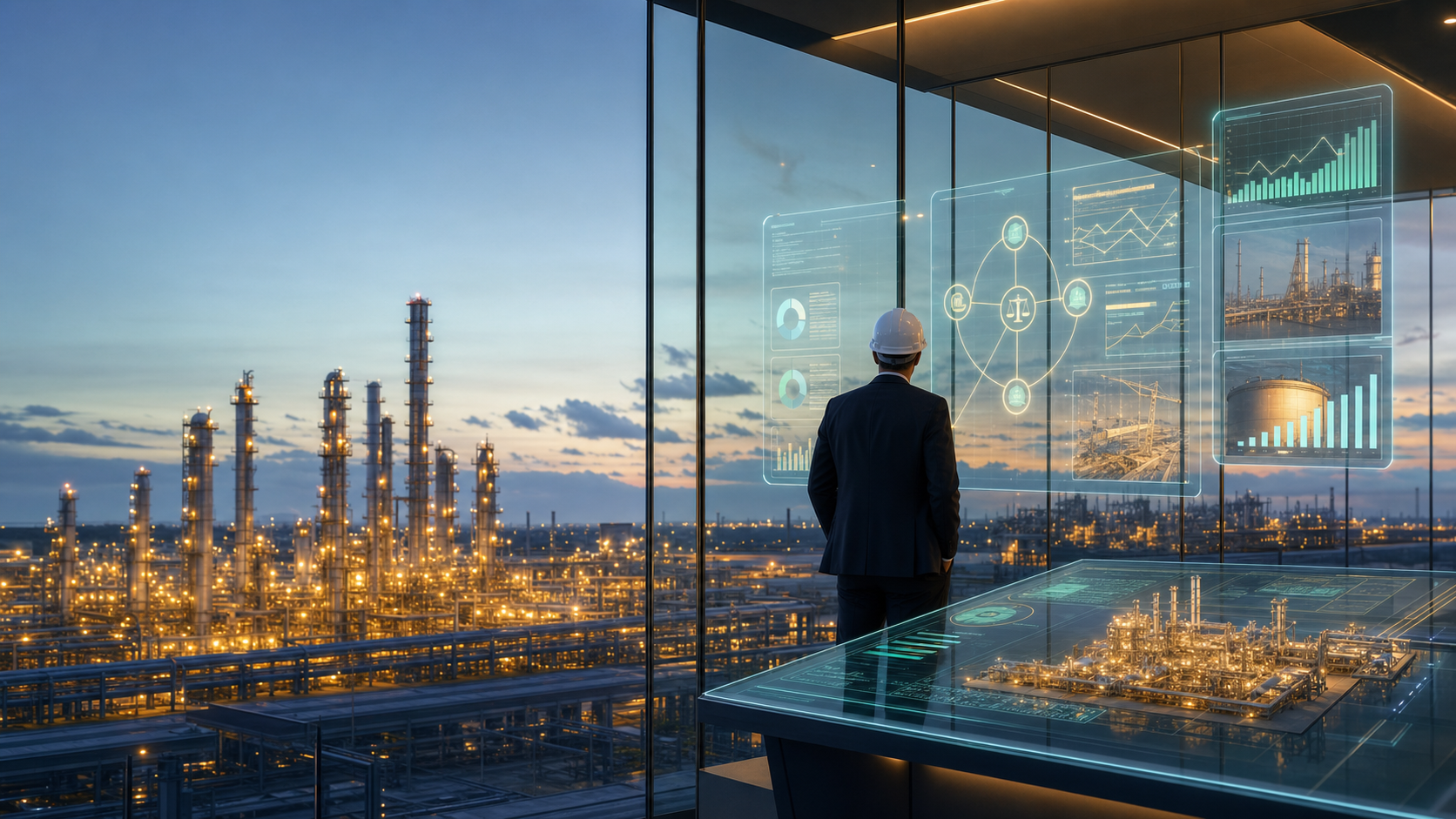 Cinematic refinery modernization finance scene
